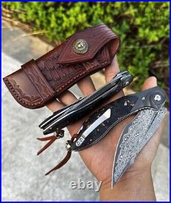 Handmade Japanese Damascus Pocket Knife Rescue Outdoor Survival Carbon Fiber