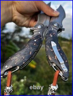 Handmade Japanese Damascus Pocket Knife Rescue Outdoor Survival Carbon Fiber