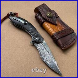 Handmade Japanese Damascus Pocket Knife Rescue Outdoor Survival Carbon Fiber