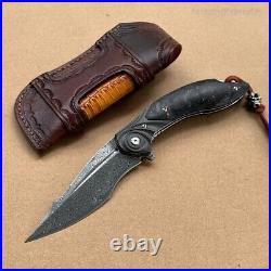 Handmade Japanese Damascus Pocket Knife Rescue Outdoor Survival Carbon Fiber