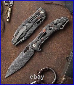 Handmade Japanese VG10 Damascus Folding Pocket Knife Carbon Fiber Clip Survival