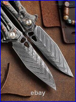 Handmade Japanese VG10 Damascus Folding Pocket Knife Carbon Fiber Clip Survival