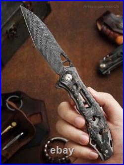 Handmade Japanese VG10 Damascus Folding Pocket Knife Carbon Fiber Clip Survival