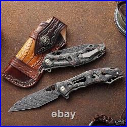 Handmade Japanese VG10 Damascus Folding Pocket Knife Carbon Fiber Clip Survival