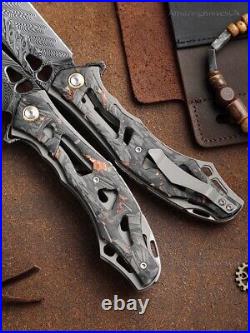 Handmade Japanese VG10 Damascus Folding Pocket Knife Carbon Fiber Clip Survival