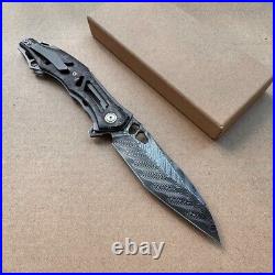 Handmade Japanese VG10 Damascus Folding Pocket Knife Carbon Fiber Clip Survival