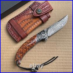 Handmade Japanese VG10 Damascus Pocket Knife Rescue Snakewood Outdoor Survival