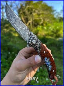 Handmade Japanese VG10 Damascus Pocket Knife Rescue Snakewood Outdoor Survival