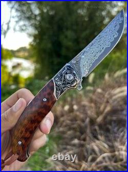 Handmade Japanese VG10 Damascus Pocket Knife Rescue Snakewood Outdoor Survival