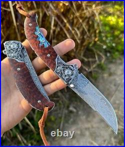 Handmade Japanese VG10 Damascus Pocket Knife Rescue Snakewood Outdoor Survival