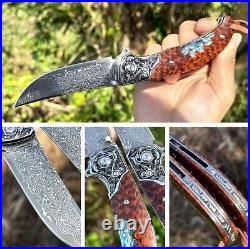 Handmade Japanese VG10 Damascus Pocket Knife Rescue Snakewood Outdoor Survival