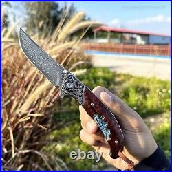 Handmade Japanese VG10 Damascus Pocket Knife Rescue Snakewood Outdoor Survival