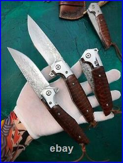 Handmade Japanese Vg10 Damascus Folding Knife Rescue Tool Snakewood Ball Bearing