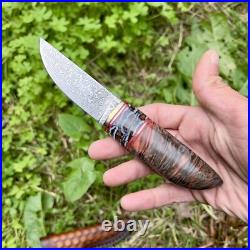 Handmade Knife Blade Steel Damascus Fossil Insert Stabilized Wood Red #274