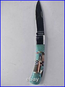 Handmade Navajo Inlaid Folding Knife Turquoise, Coral & Mother of Pearl Handle