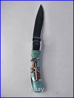 Handmade Navajo Inlaid Folding Knife Turquoise, Coral & Mother of Pearl Handle