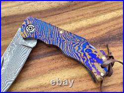 Handmade Timascus (Mokuti) folding knife with Stainless Damascus blade Bearing