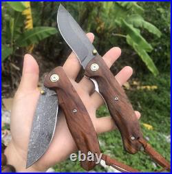 Handmade Wootz Steel Folding Knife Collectible Survival Pocket Knife Ironwood