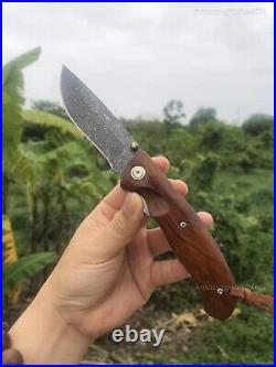 Handmade Wootz Steel Folding Knife Collectible Survival Pocket Knife Ironwood