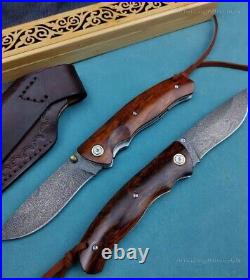 Handmade Wootz Steel Pocket Knife Collectible Survival Ironwood with Leather Case