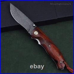 Handmade Wootz Steel Pocket Knife Collectible Survival Ironwood with Leather Case