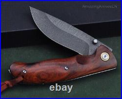 Handmade Wootz Steel Pocket Knife Collectible Survival Ironwood with Leather Case