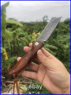 Handmade Wootz Steel Pocket Knife Collectible Survival Ironwood with Leather Case