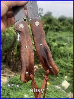 Handmade Wootz Steel Pocket Knife Collectible Survival Ironwood with Leather Case