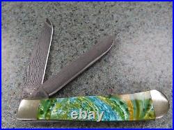 Hen & Rooster Trapper Knife Rare Damascus Blade Michael Prater Limited & Case