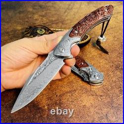 High-end Drop Point Knife Folding Pocket Hunting Survival Forged Damascus Steel