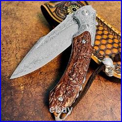 High-end Drop Point Knife Folding Pocket Hunting Survival Forged Damascus Steel