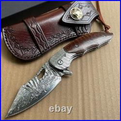 Japanese 73 Layers Vg10 Damascus Folding Knife Army Rescue Snakewood With Sheath