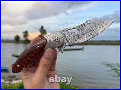 Japanese 73 Layers Vg10 Damascus Folding Knife Army Rescue Snakewood With Sheath