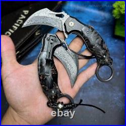 Japanese Damascus Folding Claw Knife Karambit Carbon Fiber Ball Bearing Clip