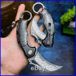 Japanese Damascus Folding Claw Knife Karambit Carbon Fiber Ball Bearing Clip