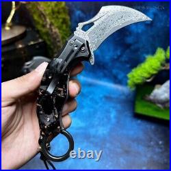 Japanese Damascus Folding Claw Knife Karambit Carbon Fiber Ball Bearing Clip