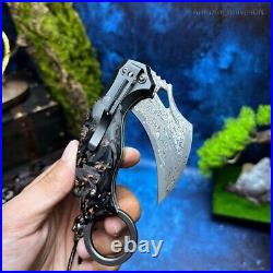 Japanese Damascus Folding Claw Knife Karambit Carbon Fiber Ball Bearing Clip