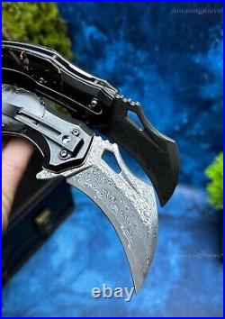 Japanese Damascus Folding Claw Knife Karambit Carbon Fiber Ball Bearing Clip