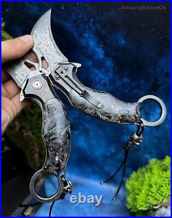 Japanese Damascus Folding Claw Knife Karambit Carbon Fiber Ball Bearing Clip