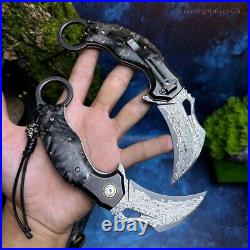 Japanese Damascus Folding Claw Knife Karambit Carbon Fiber Ball Bearing Clip