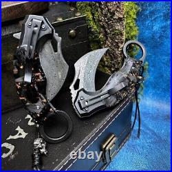 Japanese Damascus Folding Claw Knife Karambit Carbon Fiber Ball Bearing Clip