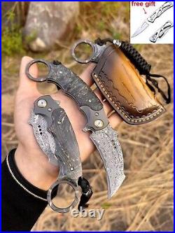 Japanese Damascus Folding Claw Knife Survival Karambit Hunting Ball Bearing Case