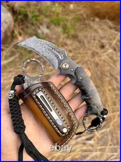 Japanese Damascus Folding Claw Knife Survival Karambit Hunting Ball Bearing Case