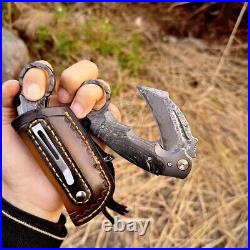 Japanese Damascus Folding Claw Knife Survival Karambit Hunting Ball Bearing Case