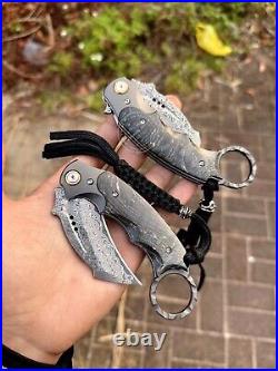 Japanese Damascus Folding Claw Knife Survival Karambit Hunting Ball Bearing Case