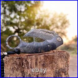 Japanese Damascus Folding Claw Knife Survival Karambit Hunting Ball Bearing Case