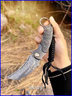 Japanese Damascus Folding Claw Knife Survival Karambit Hunting Ball Bearing Case