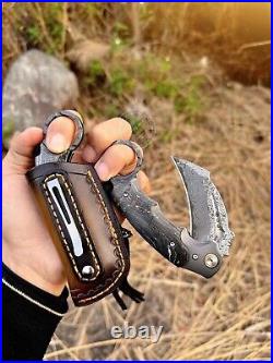 Japanese Damascus Folding Claw Knife Survival Karambit Hunting Ball Bearing Case