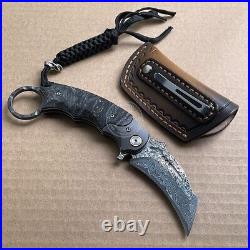 Japanese Damascus Folding Claw Knife Survival Karambit Hunting Ball Bearing Case