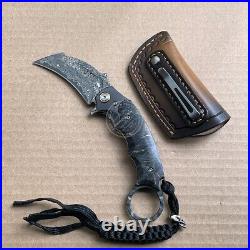 Japanese Damascus Folding Claw Knife Survival Karambit Hunting Ball Bearing Case